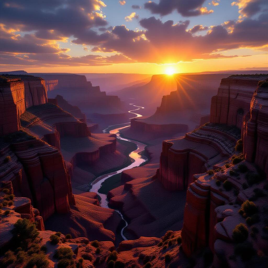 Breathtaking canyon seen at sunset. Scenic view carved by ancient rivers. Dramatic shadows stretch across the landscape. Hyper-realistic details enhance the scene. Capture cinematic atmosphere in 8K resolution.