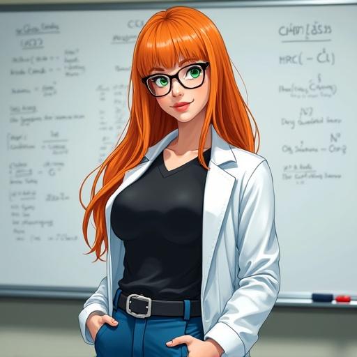 Woman with orange hair and glasses in a lab coat. She smiles and wears a black shirt and blue pants. Chemical formulas are on the whiteboard behind her.