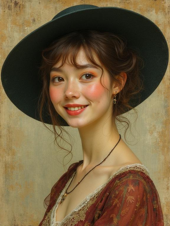A smiling woman wears a green hat resembling a lepiote. She has long hair styled loosely. Her outfit is ornate with floral designs and delicate lace. The photograph has a warm tone and soft lighting.