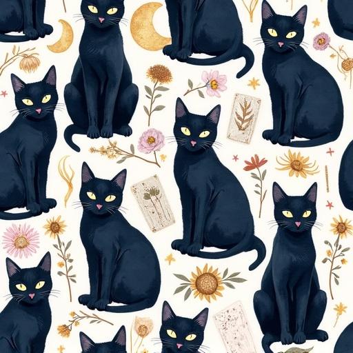 Seamless repeatable pattern features black cats with glowing white eyes, crescent moons, tarot cards, blooming nightshade flowers. Elements are symmetrical and designed to tile smoothly. Hand-drawn ink and watercolor style with deep indigo, soft gold, and charcoal gray on a transparent background. Square layout for fabric design.