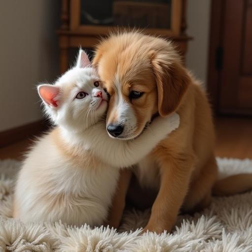 A cat hugging a dog in a cozy indoor setting. The cat is white with soft ginger markings. The dog is a golden retriever puppy. Both animals show affection. They are sitting on a fluffy rug.
