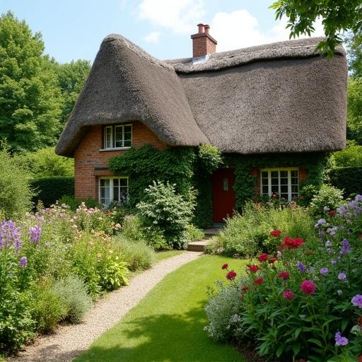 A thatched cottage surrounded by a vibrant flower garden. Lush greenery and colorful flowers in the foreground.