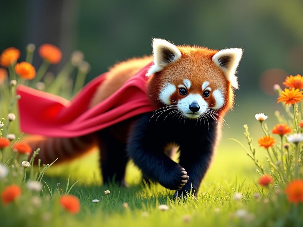 A whimsical scene featuring a red panda with a vibrant red cape. The red panda is confidently prowling across a grassy area filled with colorful flowers. The setting is bathed in soft, warm sunlight, enhancing the joyful mood. This charming image captures the essence of adventure and bravery, as the red panda embodies a superhero theme. The background is lush and inviting, showcasing nature's beauty and the playful spirit of the main character.