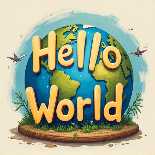 A colorful globe with green continents. Bright yellow text says 'Hello World'. Small plants and insects are around. Cheerful and inviting design.