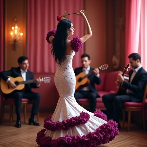 Tall elegant woman with hourglass silhouette dances in fitted white flamenco dress with purple polka dots and burgundy ruffles. She has smooth fair skin and long black hair. Arms raised with a red rose between her lips. Background features wooden room with warm pink curtains and guitar players. Atmosphere is festive and cinematic.
