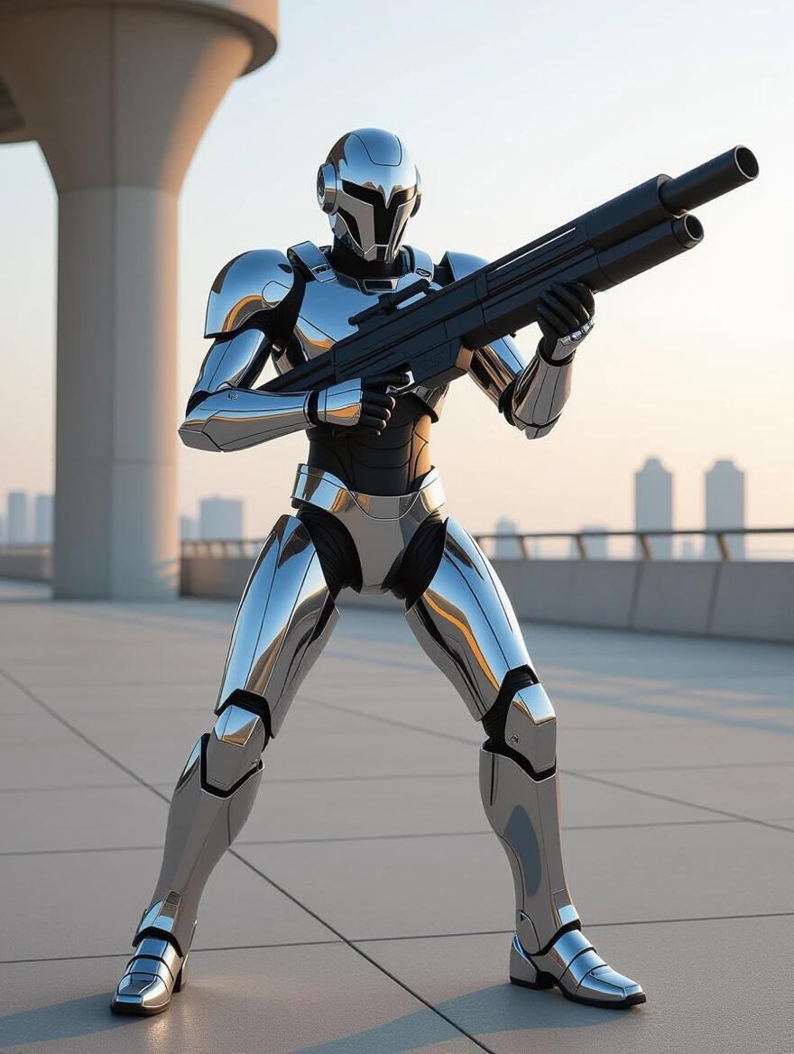 A chrome Cylon from Battlestar Galactica with a big gun. The robot stands in a futuristic environment. It has a gleaming metallic body and is prepared for combat. The background features modern architecture.