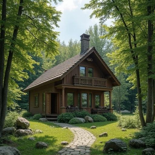 A wooden house nestled in a lush green forest surrounded by trees. A stone path leads to the front of the house. Sunlight filters through the leaves creating a serene atmosphere.