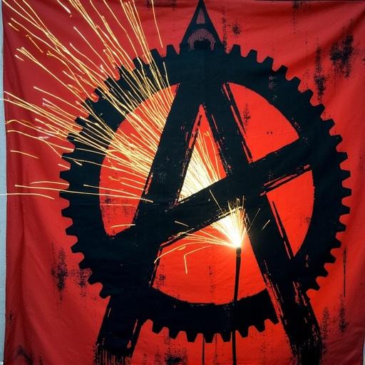 Anarcho-syndicalist flag featuring a gear design, with a welder creating sparks for emphasis.