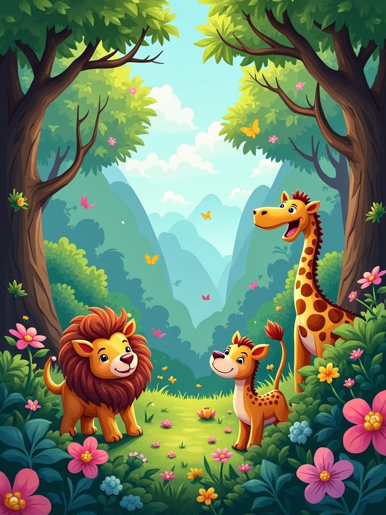 A vibrant jungle scene featuring playful animals among lush trees and flowers. A smiling lion and giraffe share the scene with an energetic tiger. Bright colors and a sunny atmosphere create an inviting environment.