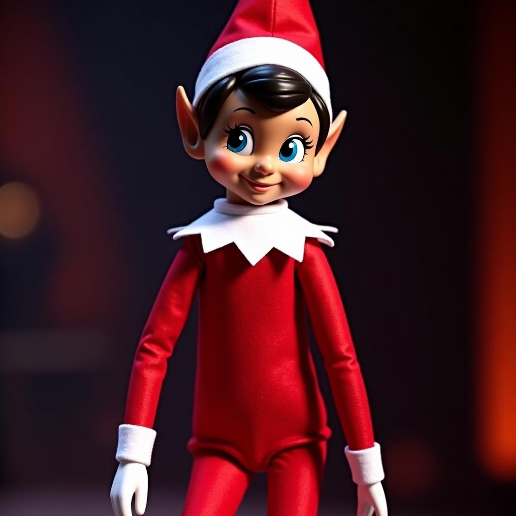 Brown skin Elf on the Shelf with pixie haircut on stage. Wearing traditional red outfit with white accents. Performing during the Eras Tour.