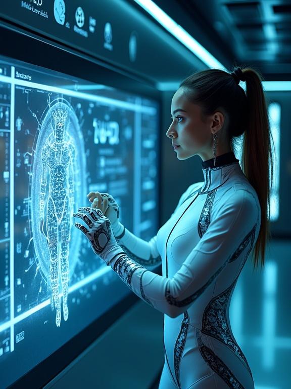 Inside a high-tech AI lab glowing with blue and white lights. A character is operating a large holographic interface. A humanoid awakens in a transparent capsule. The suit glows with ancient motifs. Ultra-HD and dramatic lighting.
