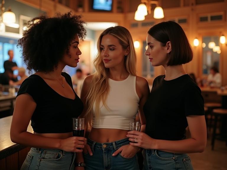 Image set in a warm indoor bar with three women. First woman has curly dark hair and wears a black crop top holding a glass. Second woman has long blonde hair in a white crop top. Third woman has short brown hair in a black t-shirt. They are positioned together engaging in conversation. The background shows patrons and wood elements.