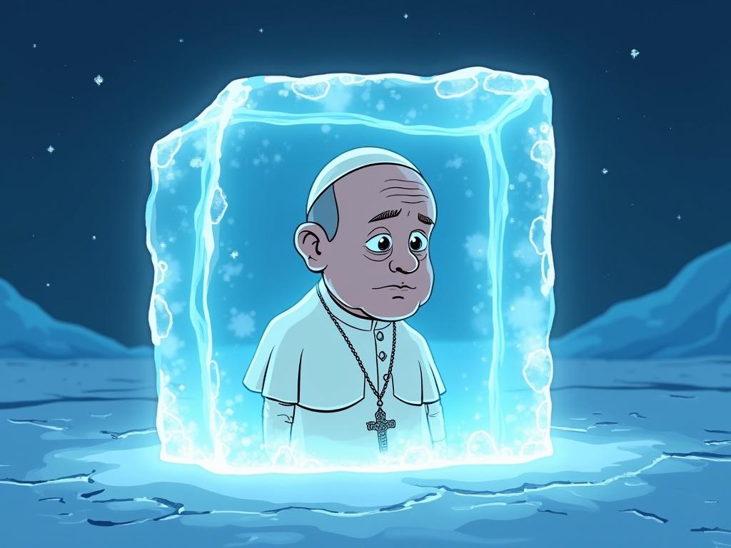 Cartoon of a pope trapped in a block of ice. The pope looks resigned. Patterns glow on the skin through the ice. The landscape is frozen and strange. Ice is thick with cracks.