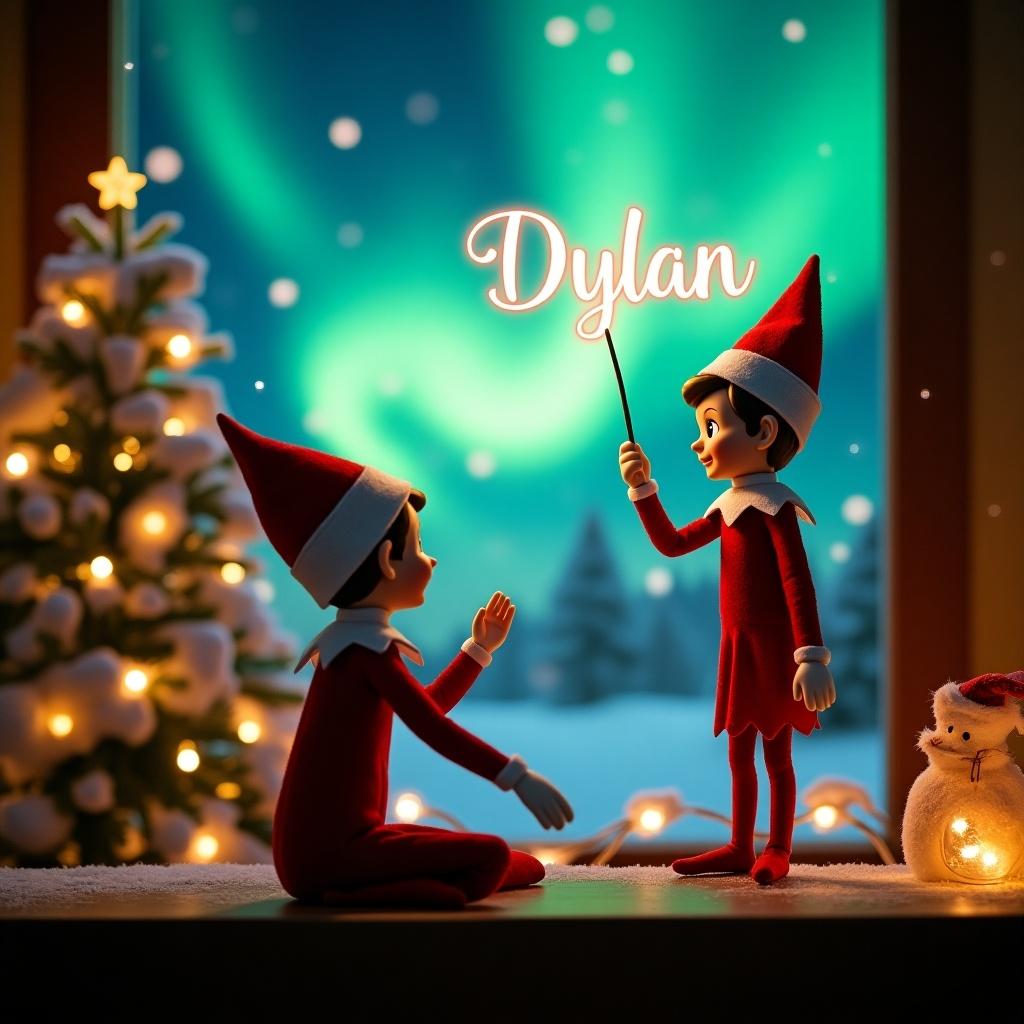 Enchanting Christmas scene showing an elf on the shelf in red and white. Elf faces vibrant northern lights and holds a magic wand. The name 'Dylan' glows above. Background features a decorated Christmas tree. Soft lights twinkle, creating a magical ambiance.