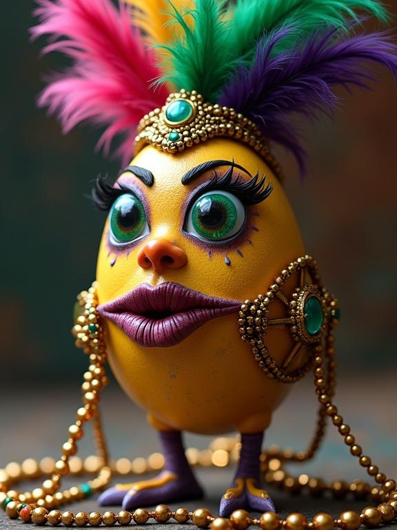 A dynamic and vibrant egg character represents Mardi Gras. Egg has long eyelashes, adorned with feathers and jewels. Egg holds Mardi Gras beads and wears stiletto heels. Colorful decoration adds a festive touch. Focus on the egg’s glamorous features and lively colors.