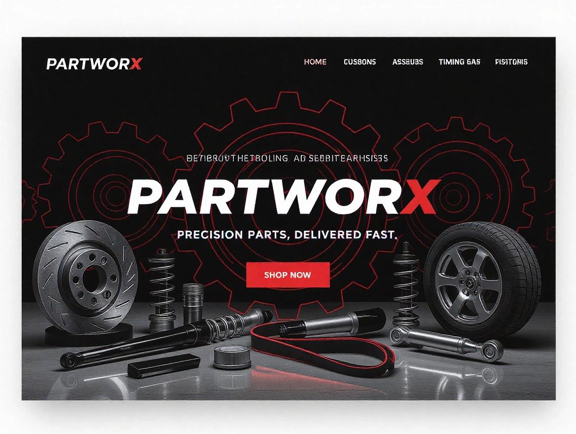 Sleek professional website cover for PartWorx featuring high-performance vehicle parts like brake discs and pistons. Sharp industrial layout with gear motif. Dark background with red and metallic grey highlights. Tech-style accents with bold text: 'Precision Parts. Delivered Fast.' Widescreen format without cartoon styling.