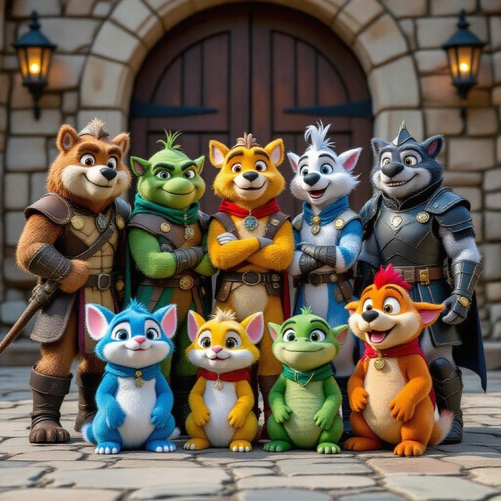 A group of animated animal characters in a fantasy setting standing and smiling together. They have vibrant colors and are well-dressed in heroic outfits. The background features a stone castle with wooden doors.