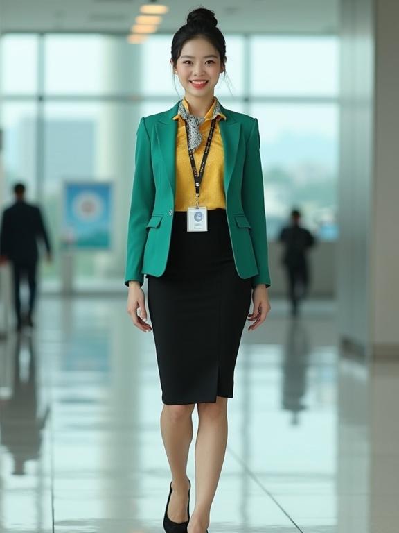 Full-body photograph of a mid-20s East Asian female airport staff member. She is dressed in a sunny-yellow blouse, black knee-length skirt, and jade-green blazer over her shoulders. A light-grey silk scarf is tied at her neck. She wears sheer black pantyhose and closed-toe black pumps. A lanyard with an ID badge hangs around her neck. Her hair is styled in a neat bun, and she displays a friendly smile as she walks in the airport terminal.