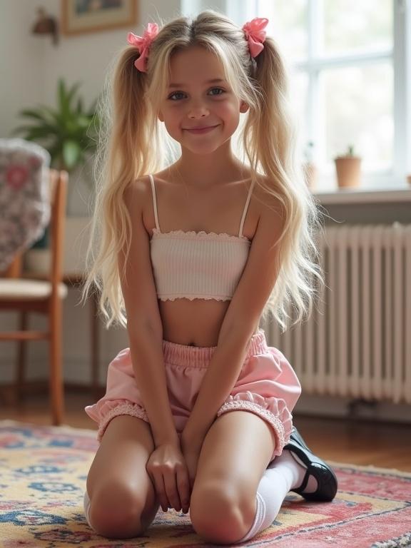 A child with long blonde twin tails and pink bows kneels on a colorful rug in a soft-lit living room. She wears a crop top and a pale pink mini-skirt, thigh-high socks with lace, and black shoes. She has a beautiful face and flirty smile.