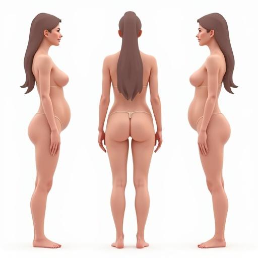 female figure shown from multiple angles standing upright showcasing natural body curvature Emphasis on body measurements Each angle highlights features like posture and silhouette