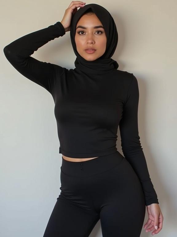 A woman wearing a black bodysuit and hijab poses confidently against a wall. Her hand rests on her head, showcasing her style. She stands facing the camera with a strong look.