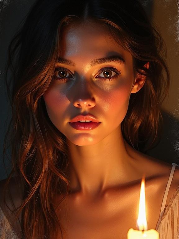 Watercolor painting depicts a young woman illuminated by candlelight. Her skin glows with warmth while shadows add depth. Hair falls softly over her shoulders. Background blends into dark hues creating contrast. The scene embodies inner strength and thoughtfulness. Artistic style features soft brushstrokes with a dreamy quality.