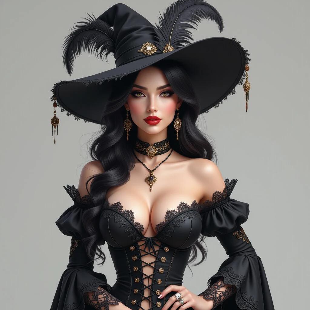 Full body portrayal of a woman in gothic gypsy attire. She wears a wide-brimmed hat with feathers. Her outfit is glamorous and detailed. The pose is confident, showcasing her curves and large bust. Inspired by fertility sculptures with exaggerated proportions.