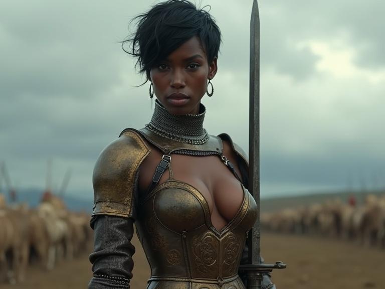 Hyper-realistic image showcases dark-skinned female warrior inspired by Casca from Berserk. She wears revealing bronze and leather armor with feminine curves. Short tousled black hair, fierce brown eyes, serious expression. Dramatic battlefield with cloudy skies. Holds sword. High detail with battle wear.