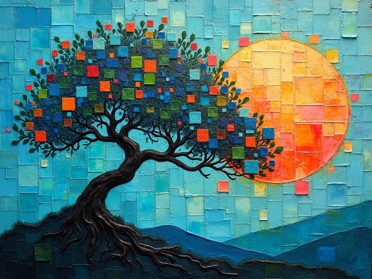 An abstract artwork featuring a twisted bonsai tree created with colorful squares. The tree consists of leaves and flowers made with various square sizes. A large squared sunset in hues of orange and pink is visible behind the tree. The background is composed of blue and green tones. The artwork utilizes sponge dabbed squares and dry brush techniques for texture.