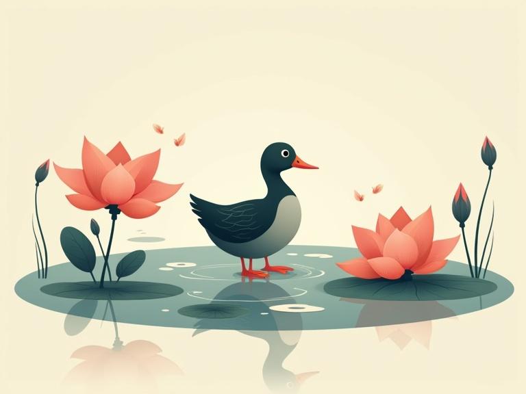 Duck standing in a stylized minimalist lotus pond. Illustration with elegance and mystery.