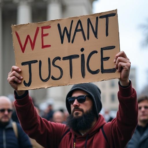 A man holds a placard that reads 'WE WANT JUSTICE.' The scene depicts a protest for social justice.