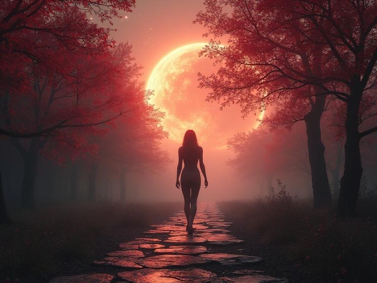A solitary figure walks down a stone path in a mystical forest with glowing red trees. The scene is surrounded by fog. A massive planet explodes in the sky, illuminating the atmosphere. The setting evokes feelings of tension and mystery, akin to the end of the world.