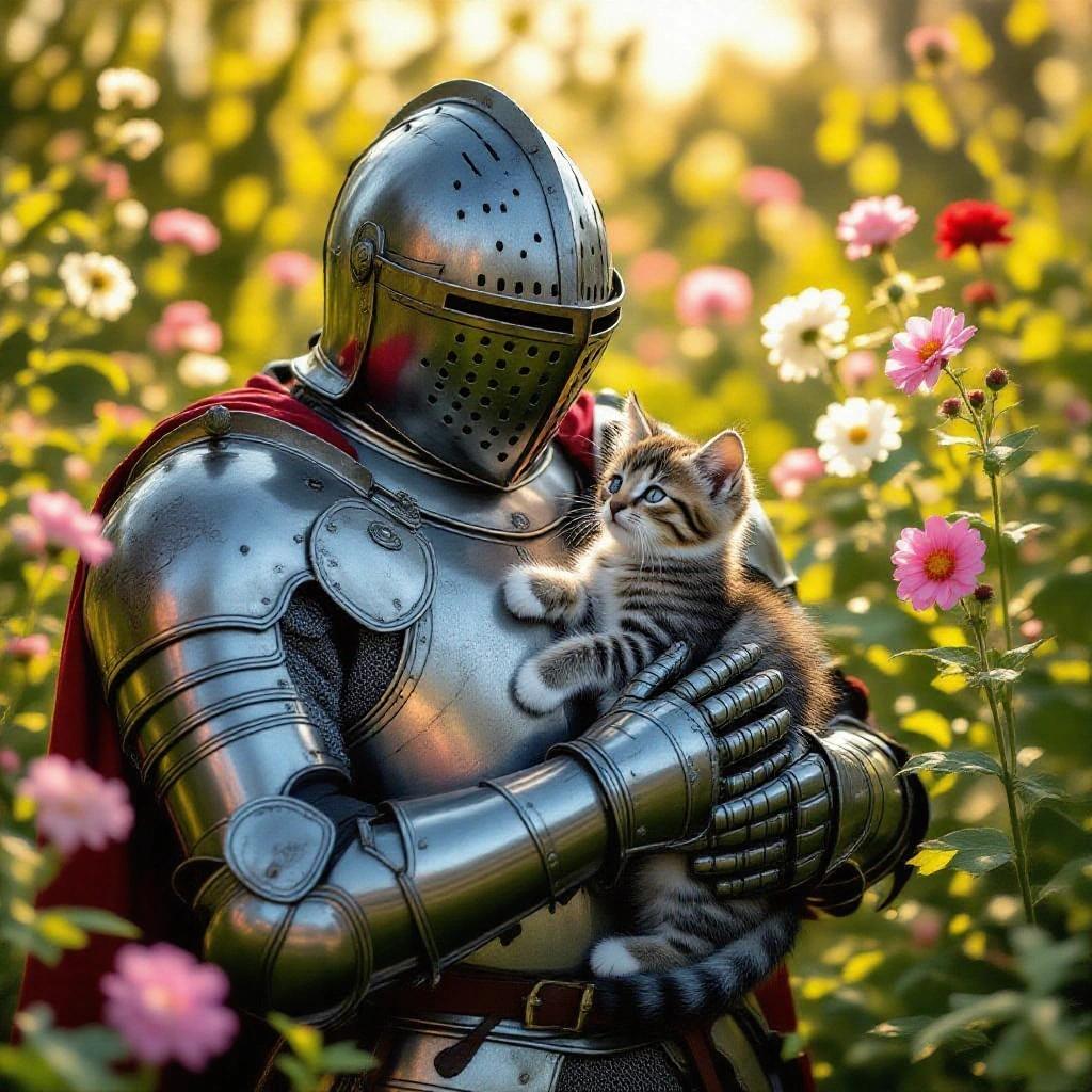 Knight in full plate armor holds a tabby kitten in a flower garden. Sunlight creates warm light. Focuses on contrast between armor and soft fur. Photorealistic with fantasy elements.