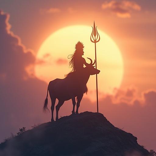 Wide divine frame of young Shailaputri on a mountain ridge at dawn with a bull. Golden aura rising behind. Sky in lavender and gold. Empowering stance with trident raised. Cinematic HDR lighting.