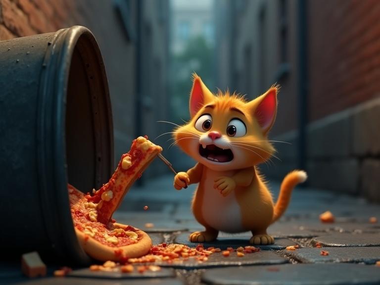 A hungry stray cat pulls a slice of pizza from a trash can. The cat looks desperate. The scene has a wet pavement in a dark alley. The style is reminiscent of Pixar 3D animations with realistic textures and soft lighting.