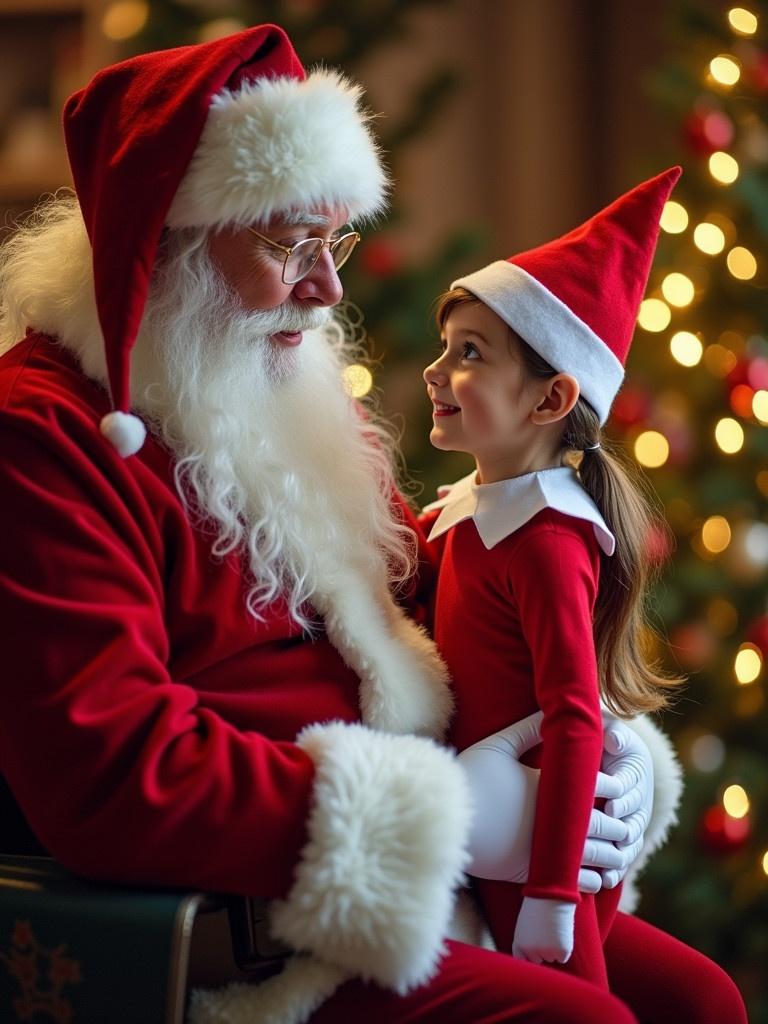 Santa Claus with a girl dressed as an elf. Cozy holiday setting with Christmas trees in the background and soft lighting creating a festive atmosphere.