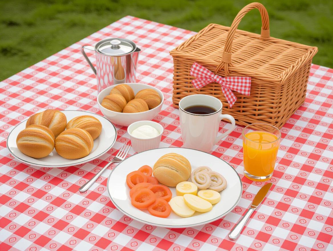 Image of a picnic table covered with a red and white checkered tablecloth. Plates with sliced tomatoes bananas and rolls. Beverages include coffee and orange juice. A woven basket is included.