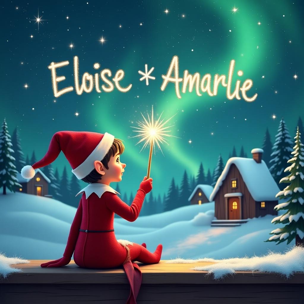 An elf sits on a wooden ledge with its back to the camera, gazing at a magical sky. The elf is dressed in a red outfit with a pointed hat and holds a sparkling wand. With the wand, the elf elegantly writes the names 'Eloise' and 'Amarlie' in the starry sky. The background features a snowy landscape with charming little houses and evergreen trees. The enchanting Northern Lights add an extraordinary touch to the scene, making it a perfect illustration of childhood magic and Christmas cheer.