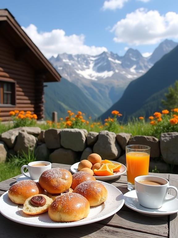 Scenic outdoor breakfast setup in front of a wooden cabin. Stunning backdrop of snow-capped mountains and clear blue sky. Rustic wooden table laden with various breakfast items. Large white plate filled with golden-brown rolls. Rolls dusted with powdered sugar and some split open. Nearby white cups filled with light brown beverage. Two tall glasses with bright orange juice. Additional plates with fluffy rolls and orange slices. Table surrounded by low stone wall and vibrant wildflowers. Cozy breakfast setting with inviting atmosphere.