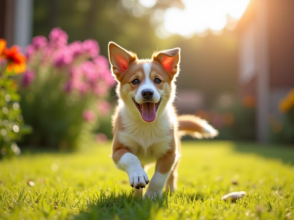 A joyful dog is seen running in a sunny garden. The dog, a corgi, has a big smile and its ears perked up. Surrounding the dog are colorful flowers, adding charm to the scene. The grass is lush and green, and the warm sunlight creates a delightful atmosphere. This image encapsulates the joy of pets playing outdoors in a garden setting.