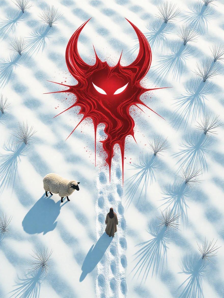 A video game poster featuring a snowy terrain. A sheep searching for its lamb. A large blood stain shaped like a demon. Aerial view with a slight tilt.