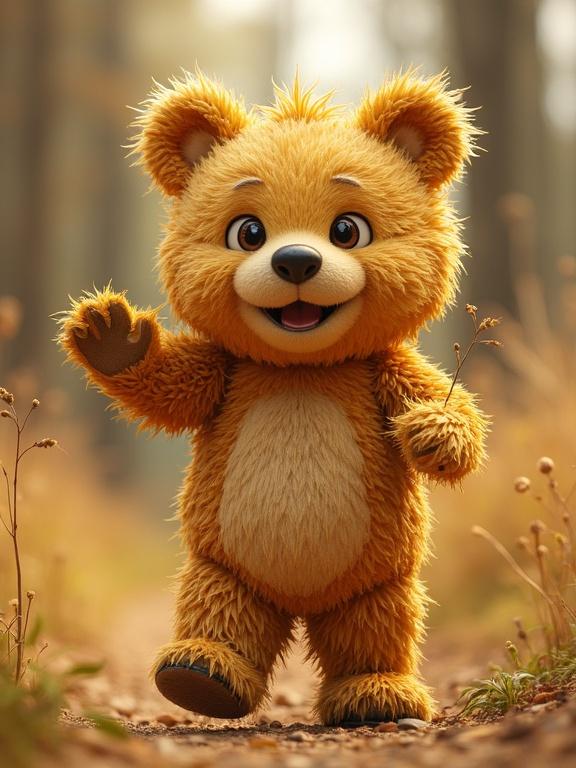 3D animated straw bear waves at the viewer and walks toward the camera in a gentle manner. It has a friendly expression and soft, fluffy fur.