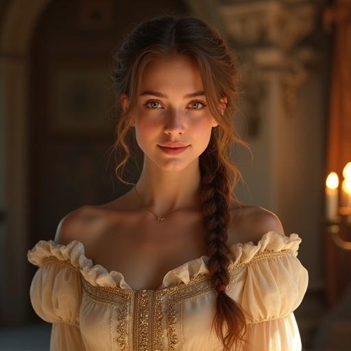 A young woman in a medieval fantasy setting with a luxurious gown. She has brown eyes that show kindness. Her expression is serene and maternal. Skin is smooth and luminous like porcelain. Hair is chestnut and loosely braided. Candlelit atmosphere with warm shadows. The gown is richly detailed with sheer layers.