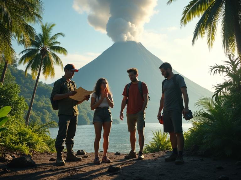 Four adults stand near a tropical volcano on an island. Ground trembles slightly. Dark smoke rises from the volcano. The explorer holds a map. The woman covers her mouth. A nerd checks a device. A playful man drops a speaker. Cinematic lighting creates an intense atmosphere.