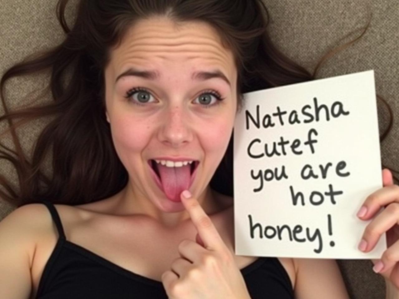 A girl is taking a selfie while lying on a couch. She has long, dark hair and is wearing a black sleeveless top. Her expression is playful as she sticks her tongue out and holds a finger to her chin. Next to her, she is holding a piece of paper with the phrase 'Natasha Cutef you are hot honey!' written in black grey slim letters in a handwritten style. The background shows a textured couch in neutral tones.