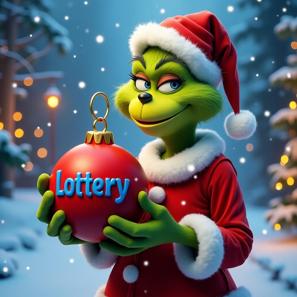 Grinch character dressed in a Santa suit. Holds a red Christmas ornament with name Lottery in blue. Background features snowy landscape, Christmas lights, and snow-covered trees.