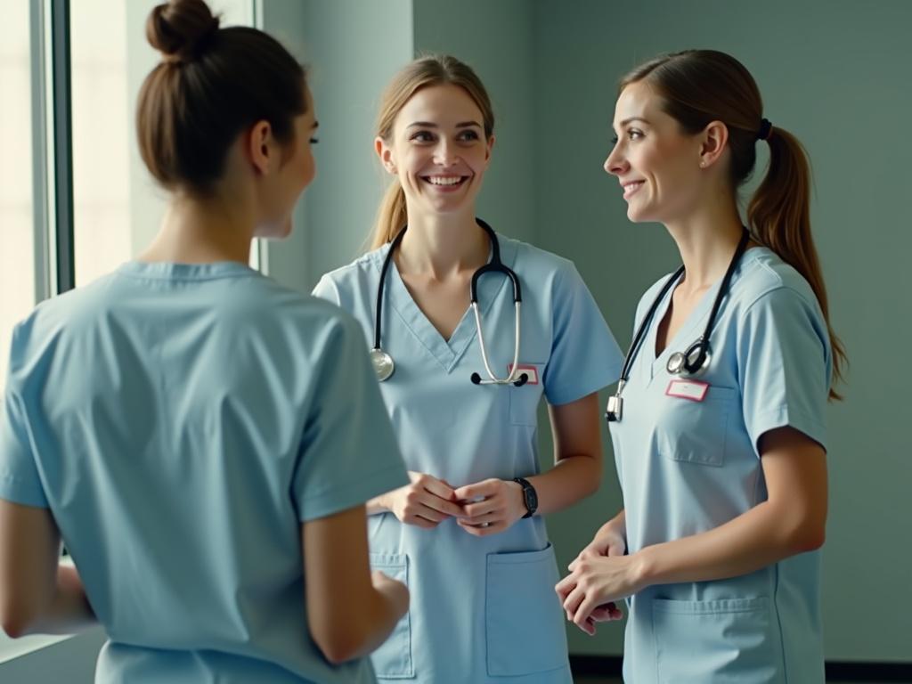 Three beautiful nurses are having a conversation in a well-lit setting. They wear scrubs and are smiling. The scene conveys teamwork and positivity in a healthcare setting.