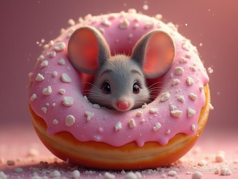 A shy little mouse peeping out from the center of a frosted doughnut. The doughnut is pink with sprinkles. The mouse has large ears and a cute expression.