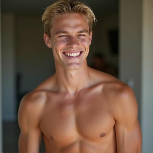 A young man with blond hair smiles playfully, showing off toned abs. He appears shirtless and has a beautiful face. Captured in a well-lit area with warm colors.