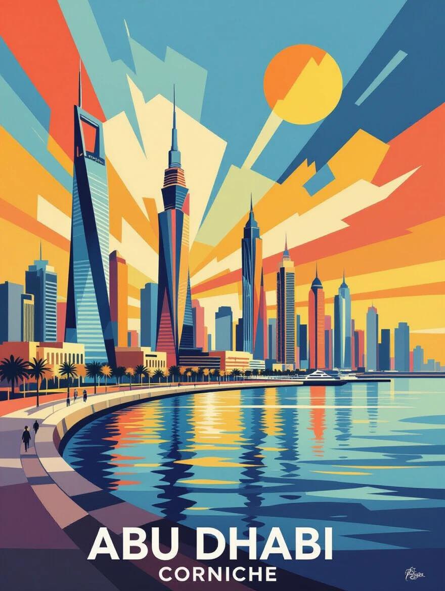 Modern Cubism poster featuring Abu Dhabi Corniche with an artistic deconstruction of sea skyline and towers using geometric forms.